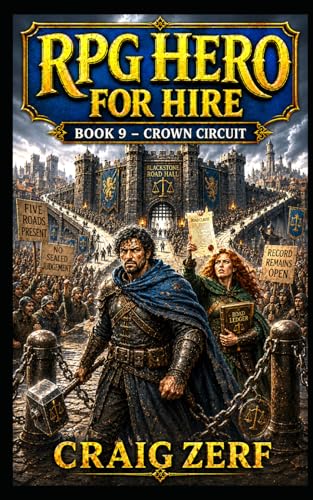 RPG Hero for Hire Book 9 – Crown Circuit: A gritty LitRPG fantasy where road justice, corrupt courts, quest stakes, and one hammer-wielding hero collide.